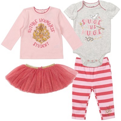 Harry Potter Newborn Baby Girls Bodysuit Graphic T-Shirt Mesh Skirt and Leggings 4 Piece Layette Set Pink / Red / Oatmeal Newborn