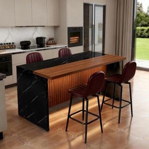 Modern Black Kitchen Island Dining Table with LED Lights and 2 Brown Bar Stools, Faux Marble Counter Height Set for Eat-in Kitchen-3irtyhousy - 1 of 4