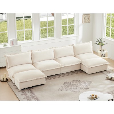 Modern Sectional Sofa, Slipcovered 4 Seater Armless Sofa with Reversible Ottoman, Sectional Sofas with Chenille Fabric-Cuddlewood