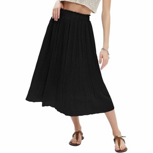Women's Polka Dot Maxi Skirt - High Waist Pleated Midi Swing Skirt with Pockets for Beach & Cruise Solid Black - 1 of 4