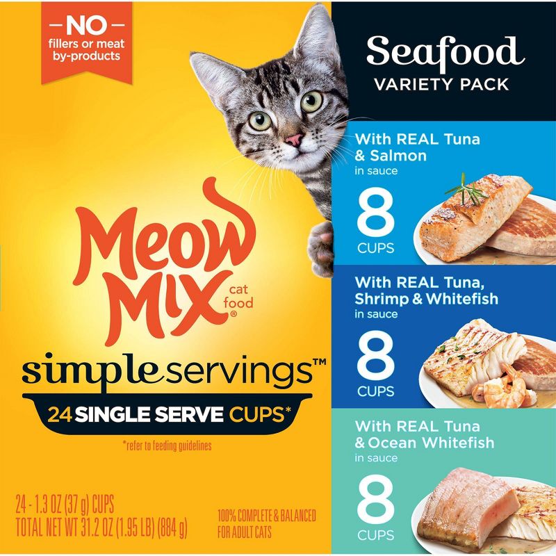 Meow Mix Simple Servings Salmon, Fish, Seafood, Tuna and Shrimp Flavor Wet Cat Food - 1.3oz/24ct Variety Pack, 3 of 10
