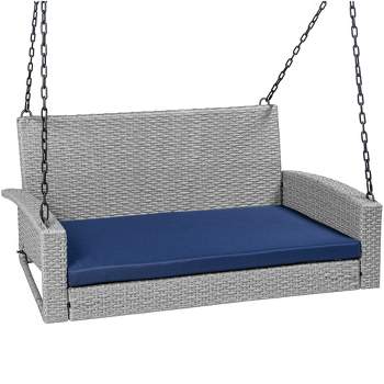 Best Choice Products Woven Wicker Hanging Porch Swing Bench for Patio, Deck w/ Mounting Chains, Seat Cushion