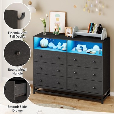 6 Drawer Dresser with LED Lights & Charging Station, Large Capacity Modern Wood Cabinet, RGB Chest of Drawers for Bedroom, Closet, Living Room