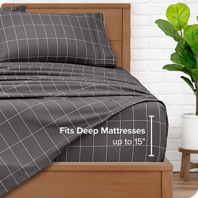 Queen Grid Grey/White Microfiber Deep Pocket Sheet Set