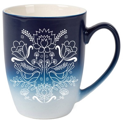 Elanze Designs Damask Threaded Floral Birds Two Toned Ombre Matte Navy Blue and White 12 ounce Ceramic Stoneware Coffee Cup Mug