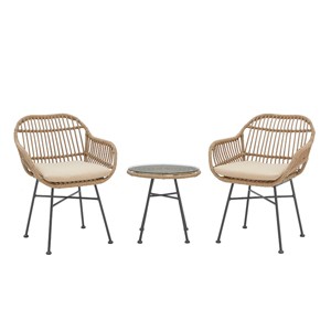 Barton 3-Pieces Outdoor Patio Set Chat Conversation Wicker Seat Cushion and Table, Beige - 1 of 4