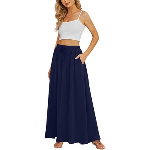 Women's Flowy High-Waist Maxi Skirt - Summer Pleated Long Skirt with Pockets Navy Blue - 1 of 4