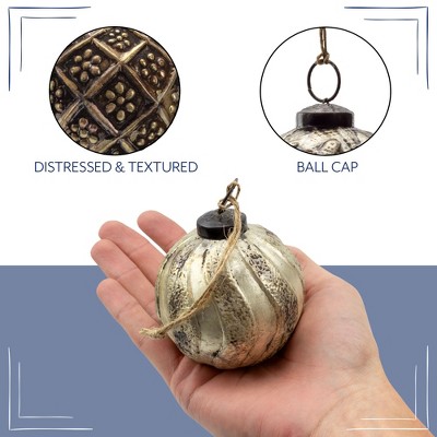 Distressed Silver and Gold Metal Glass Ball Ornaments, Set of 6