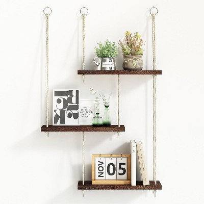 Attop Hanging Shelves for Wall, 3 Tier Boho Wall Decor Hanging Plant Shelf Floating Shelves Rope Rustic Wood Organizer Storage Hanger Rack