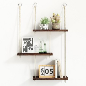 Attop Hanging Shelves for Wall, 3 Tier Boho Wall Decor Hanging Plant Shelf Floating Shelves Rope Rustic Wood Organizer Storage Hanger Rack - 1 of 4