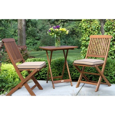 Eco-Friendly Eucalyptus 3-Piece Bistro Set with Beige Cushions