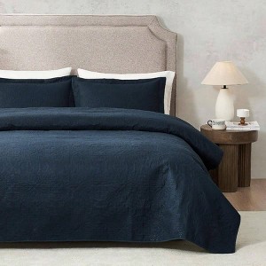 Navy Quilt Queen Size - Ultrasonic All Season Bedspread, 3 Piece Set - 1 of 4