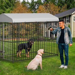 Outdoor Dog Kennel Outside with Roof, Dog Enclosure House Mesh Big Pet Pens Dogs Cage with Waterproof Cover Roof for Large Dog Kennels Pens - 1 of 4