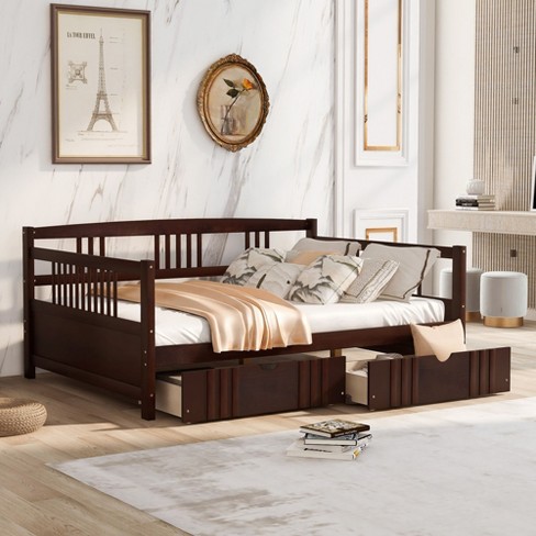 NicBex Full Size Daybed with Storage Wooden Frame Day Bed with Slatted Sides and 2 Spacious Drawers for Living Rooms Dark Brown