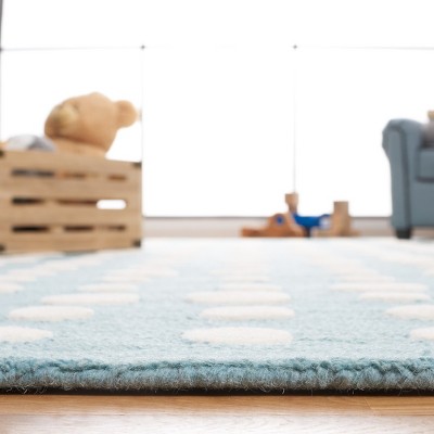 Blue and Ivory Hand-Tufted Wool Kids Polka Dot Rug, 5' x 5'