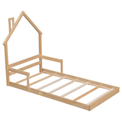 Full House-Shaped Headboard Floor Bed with Handrails ,slats