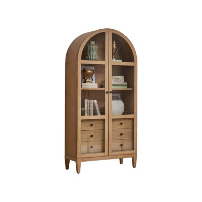 78" Light Brown Wood Arched Bookcase with 3 Drawers