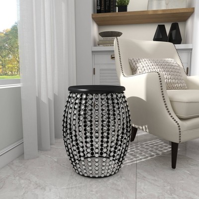 Glam Black Iron and Wood Round Accent Table with Crystal Embellishments