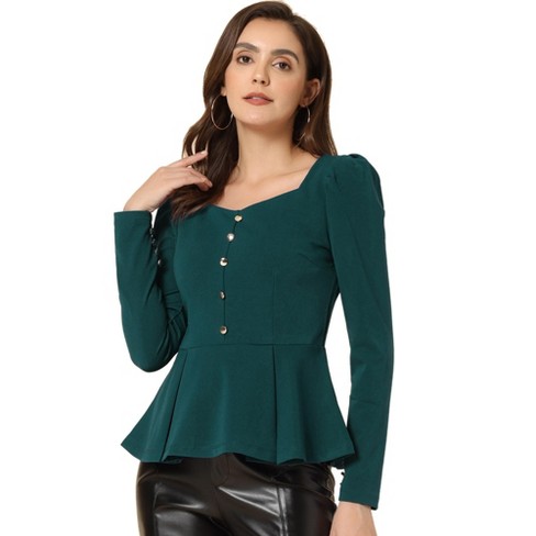 Allegra K Women's Square Neck Long Sleeve Knit Peplum Blouse Deep Green  X-Large