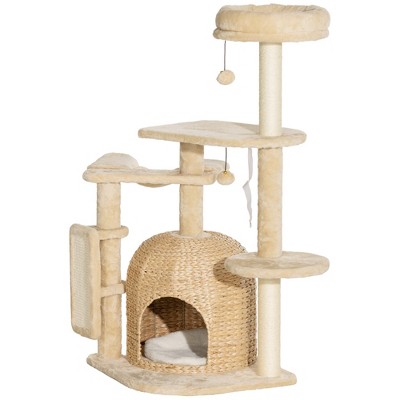 Beige Plush and Wicker 44" Cat Tree Tower with Hammock