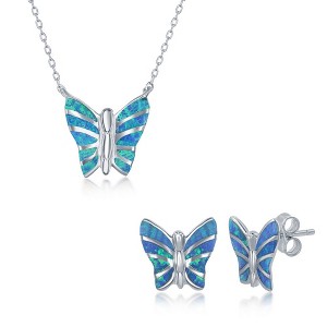 Opalata Sterling Silver Blue Inlay Opal Butterfly Earrings and 18" Pendant Necklace Set - 1 of 4