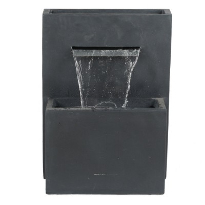 LuxenHome 32" H Resin Modern Waterfall Outdoor Fountain with Planter, Outdoor Water Fountain Indoor and Outdoor Use Gray