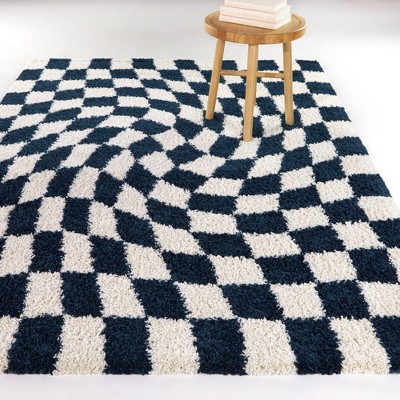 Navy and White Checkered Shag Kids' Rug