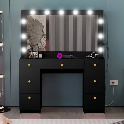 Boahaus Juliana Lighted Makeup Vanity with 7 Drawers USB Ports and Power Outlet