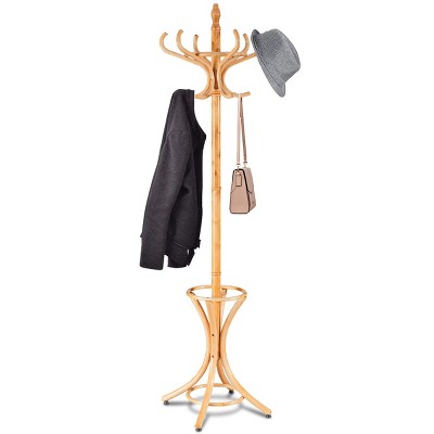 Tangkula Wood Standing Hat Coat Rack Jacket Bag Hanger Tree 12 Hooks Umbrella Stand