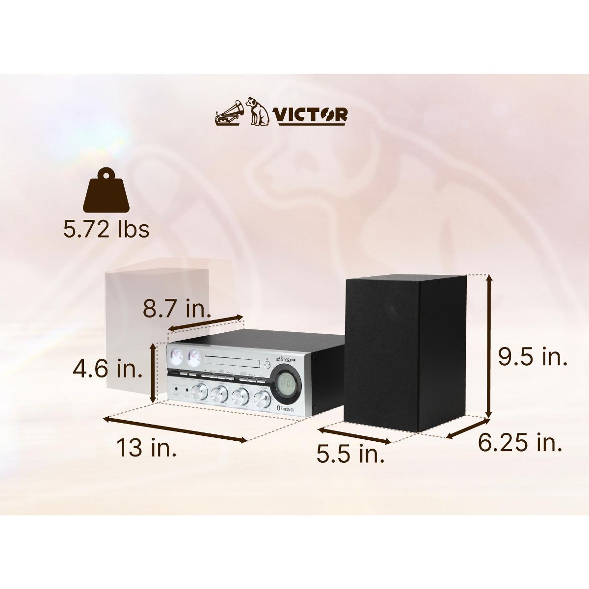 VICTOR Milwaukee 50 Watt Desktop Bluetooth Stereo System with CD/MP3 Player, FM Radio, Functioning VU Meters, and Detached Stereo Speakers, Black - thumbnail 2