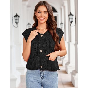 Women's Summer Sweaters Vest  Sleeveless Button Down Cropped Pockets Chunky Knit Cardigan Trendy Tank Tops - 1 of 4