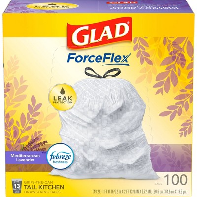Glad ForceFlex Tall Kitchen Drawstring Trash Bags - Febreze Mediterranean Lavender - 13Gallon/100ct