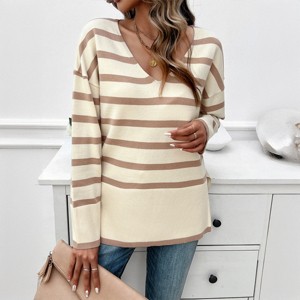 Women's V-Neck Striped Sweater Color Block Knit Top Long Sleeve Side Slit Pullover Top - 1 of 4