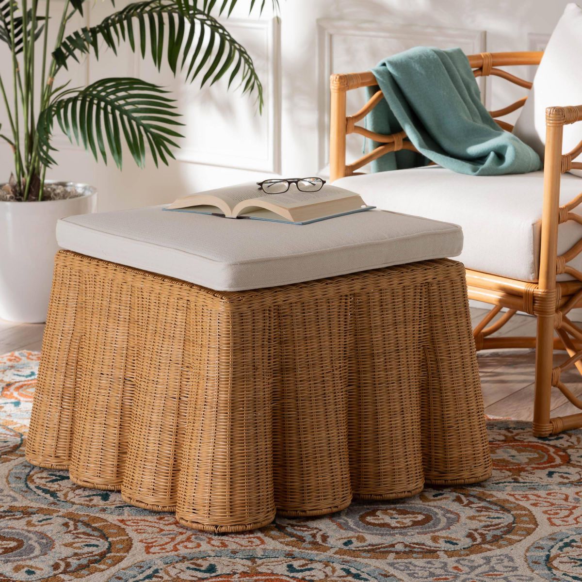 bali & pari Palm Scallop Rattan Ottoman Honey: Square Upholstered, No Assembly, Polyester, Plywood