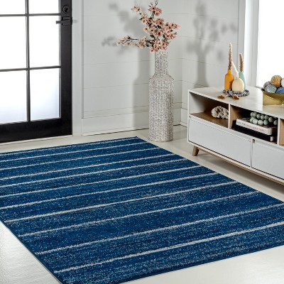 Navy and Cream Rectangular Striped Synthetic Area Rug 3' x 5'