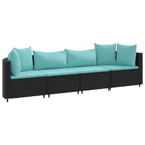 vidaXL Patio Sofa Set with Cushions Lounge Setting Outdoor Furniture Poly Rattan - Black and Blue 4 Piece - 1 of 4
