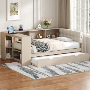 Whisen Wood Platform Bed with Storage Shelves, Drawers, Charging Station and Upholstered Headboard - 1 of 4