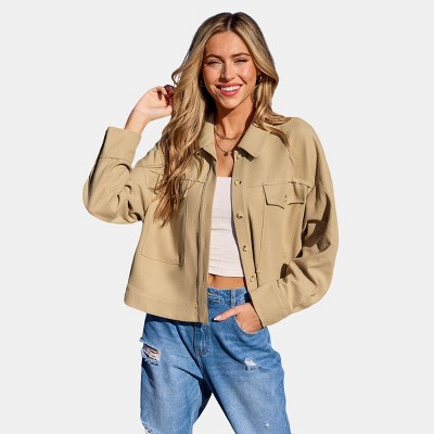 Women's Woven Khaki Waffle Collared Button-Up Jacket -Cupshe
