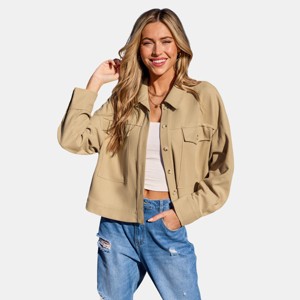 Women's Woven Khaki Waffle Collared Button-Up Jacket -Cupshe - 1 of 4