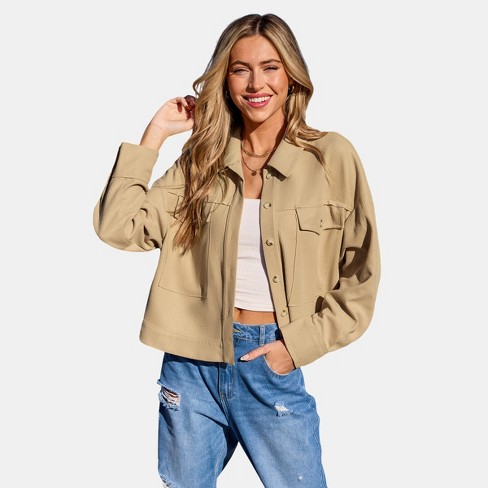 Women's Woven Khaki Waffle Collared Button-Up Jacket -Cupshe - image 1 of 4