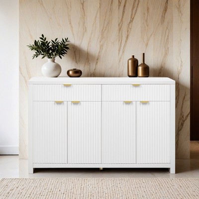 Modern Wave-Pattern Sideboard Cabinet with 2 Drawers and 4 Doors, 3-Level Adjustable Shelves, Aluminum Arc Handles - Leovsnove