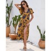 WhizMax Women's Bohemian Floral Printed V Neck Ruffle Hem A-Line Short Sleeve Split Beach Party Maxi Dress - 2 of 4