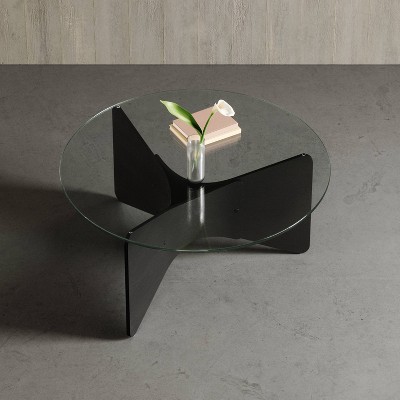 Black Wood and Glass Round Coffee Table with Clear Top