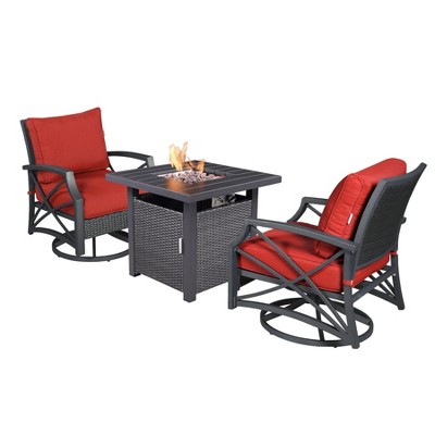 Kinger Home Lark 3-Piece Rattan Wicker Propane Fire Pit Set with an Aluminum Frame