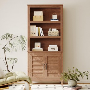 71" Tall 5-Tier Wood Bookshelf with Doors | Space-Saving Display Storage Accent Cabinet for Living Room, Bedroom & Apartments - 1 of 4