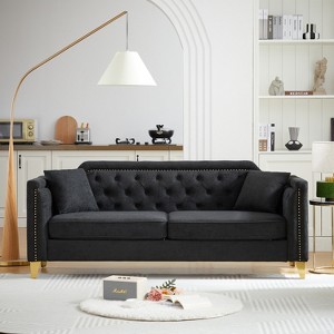 VASIP Mid-Century Modern Sofa -Black Chenille Upholstered Pull Buckle Design Living Room Couch with Buttons Tufted - 1 of 4