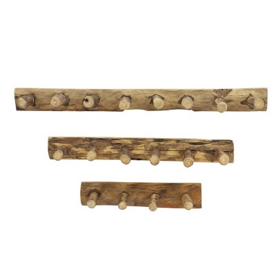 Set of 3 Rustic Teak Wood Wall Hooks Brown - Olivia & May