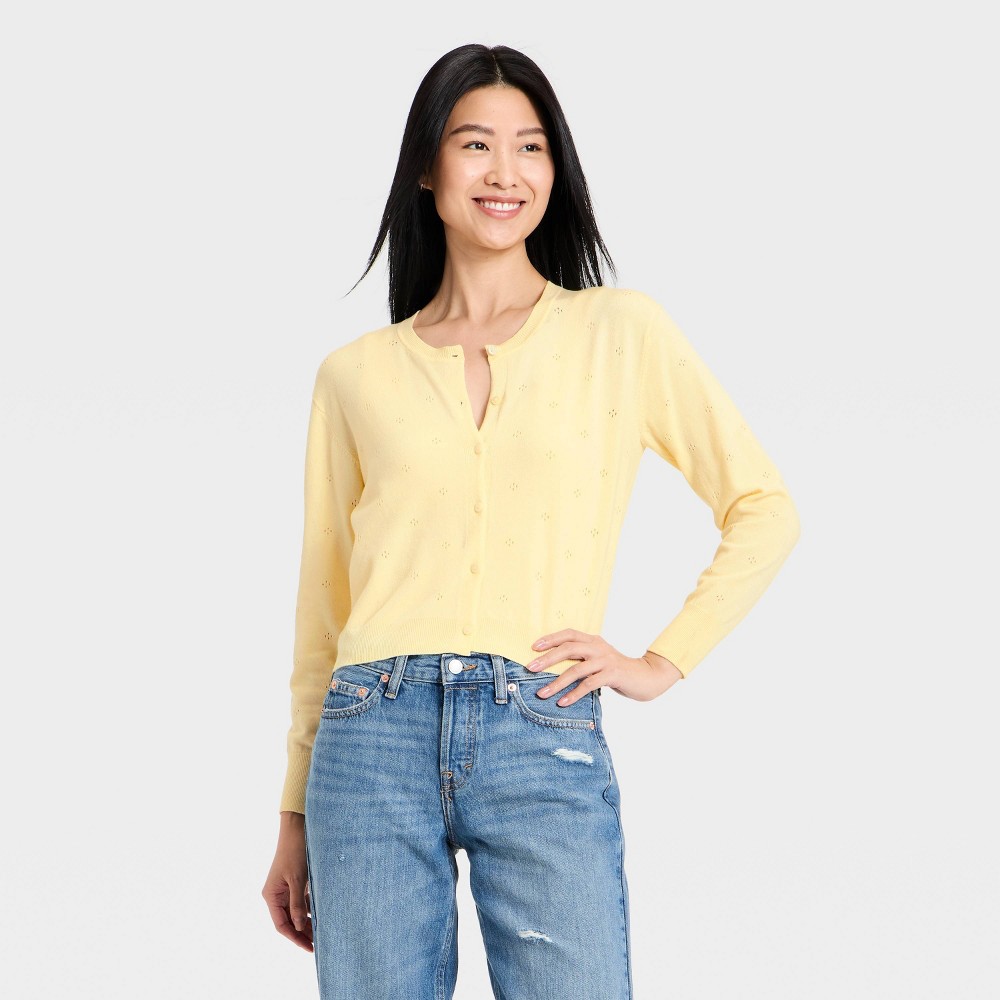Women's Pointelle Button-Down Cardigan - A New Day™ Yellow M