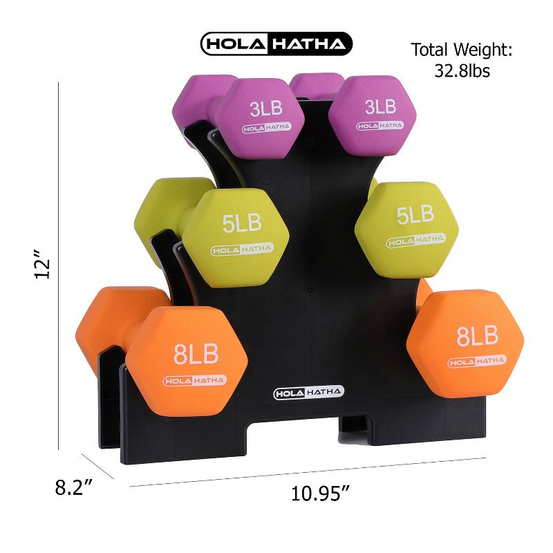 HolaHatha Hex Dumbbell Set with 3lbs., 5lbs. and 8lbs. Hand Weights and Storage Rack, 5 of 6