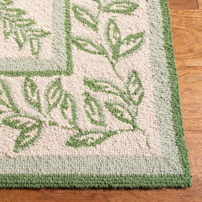 Ivory and Light Green Hand-Knotted Wool Floral Runner Rug